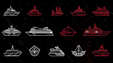 A collection of various ship icons in red and white on a black background, showcasing different types of vessels.