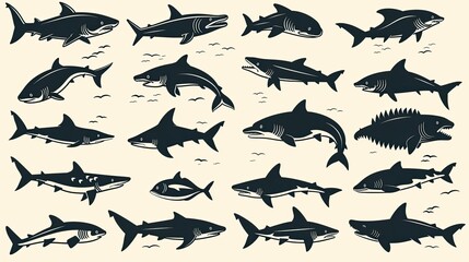 A collection of various shark illustrations showcasing different species in a stylized format.