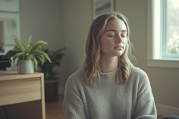 Young woman with eyes closed, meditating peacefully in a sunlit room.
