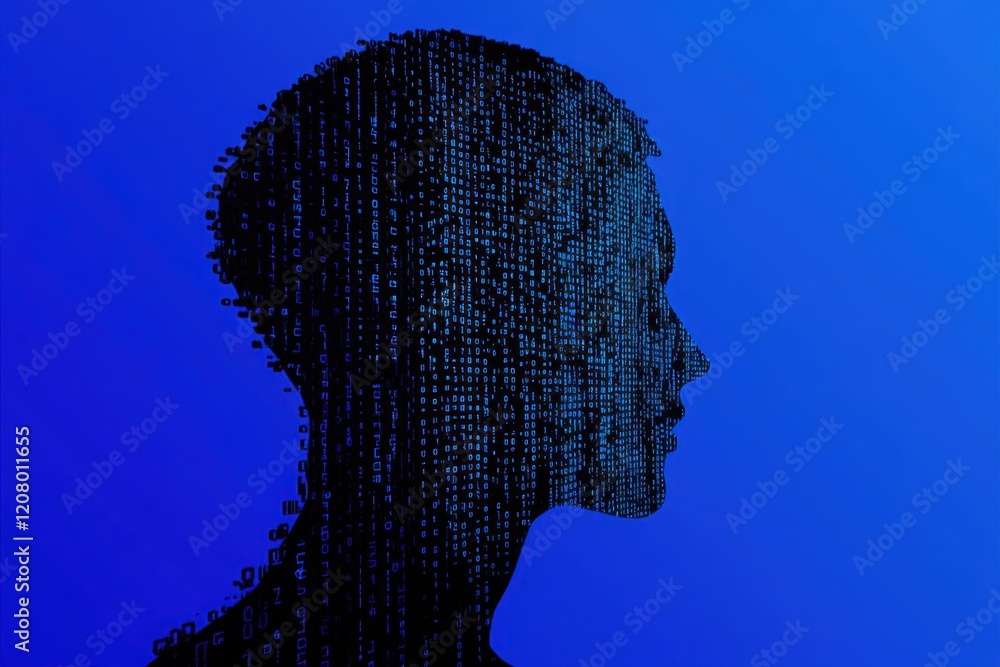 Poster artificial intelligence concept with a digital human head silhouette made of a circuit board and bin