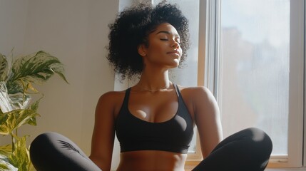 Serene Black Woman Meditating near Window, Finding Inner Peace and Wellness Through Yoga and Mindfulness