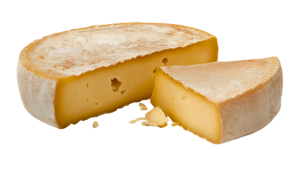 Gourmet wheel of cheese, freshly sliced to reveal its creamy texture and rich yellow color, perfect for a cheese platter or as a savory snack