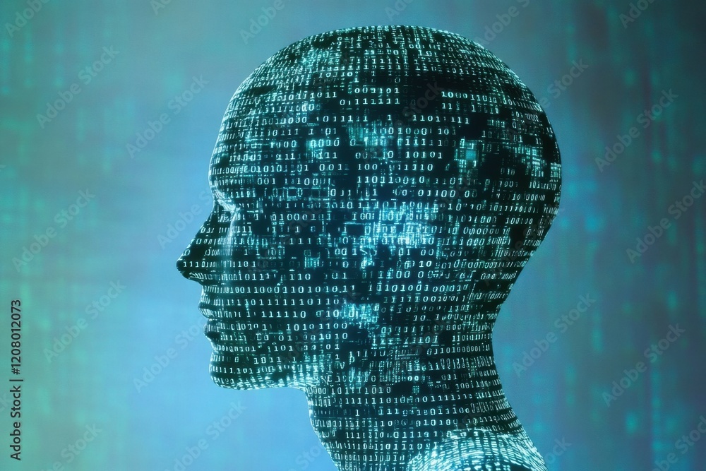 Poster abstract human head profile made of circuit board and binary code on a blue background, an artificia