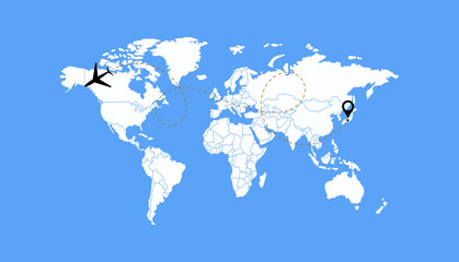 Dotted Direction Paths And Map Pointers Over World Map., Airplanes World Map, Vector illustration  © Hasan24