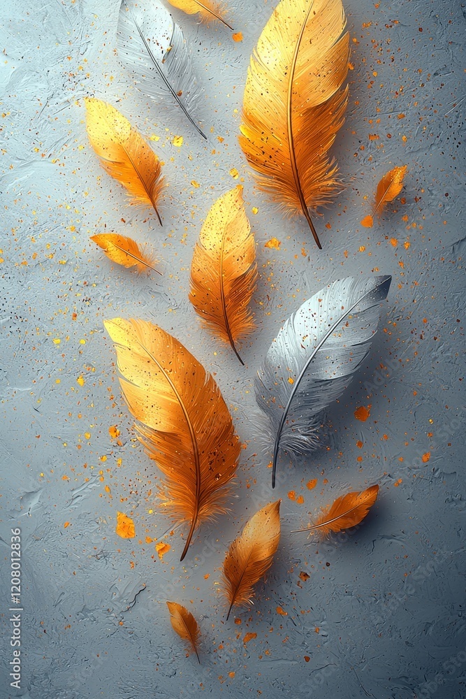 Poster floating orange and silver feathers on gray surface artistic display minimalist environment top view