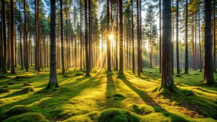 Golden Sunrise Illuminates a Serene Forest of Tall Trees Casting Long Shadows on Mossy Ground