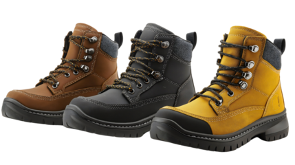 Durable and stylish hiking boots designed for outdoor adventures, featuring waterproof and comfortable features, available in brown, black, and yellow for both functionality and fashion