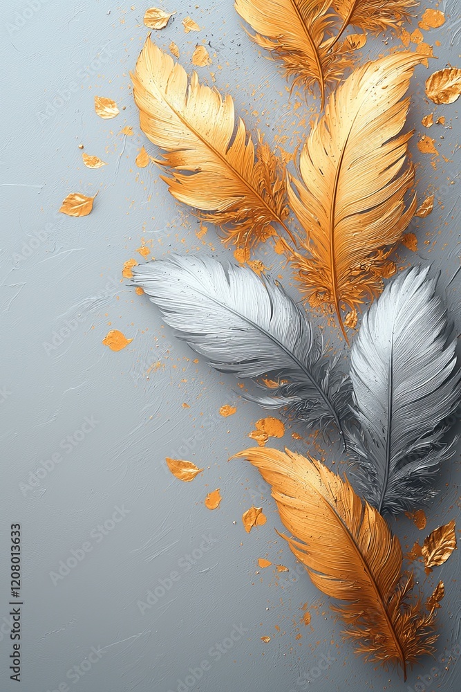 Poster elegant metallic feathers arrangement artistic display modern decor studio setting close-up view vis