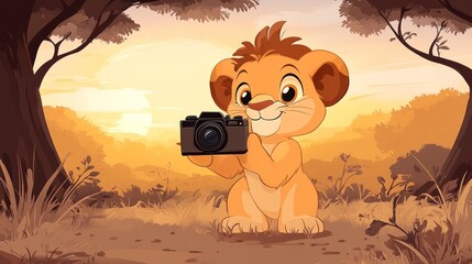 Cute lion cub holding a camera in savanna sunset.