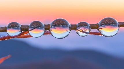 Frozen water droplets reflect sunset landscape