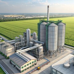 Aerial View of Biofuel Plant Industrial Composition, Green Field Setting, 3D Render, Bioenergy, Sustainable Energy Biofuel, Renewable Energy