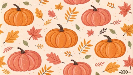 Autumn Pumpkin Pattern Repeating Illustration of Pumpkins and Fall Leaves, Fall, Thanksgiving Autumn, Pumpkins