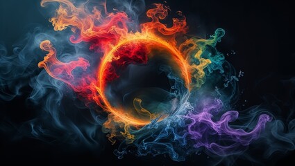 Colorful smoke swirling in circular shape against dark background abstract artistic effect
