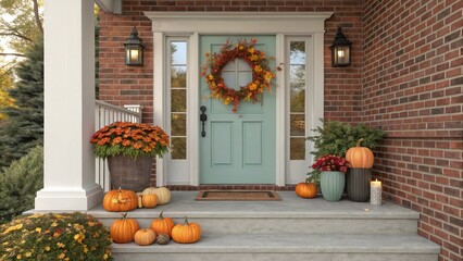 Autumnal Front Porch Decor Brick House, Teal Door, Pumpkin Arrangement, 3D Render, Fall Wreath Fall Decor, 3D Rendering