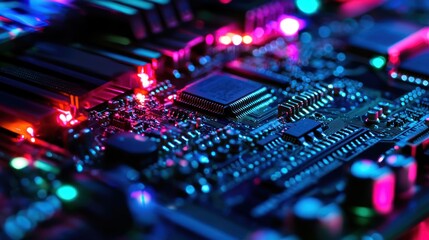 Obraz premium Neon Circuit Board: A Close-Up Look at the Intricate Beauty of Technology