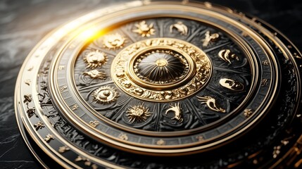 Obraz premium Ornate Celestial Zodiac Wheel, Golden and Black Design