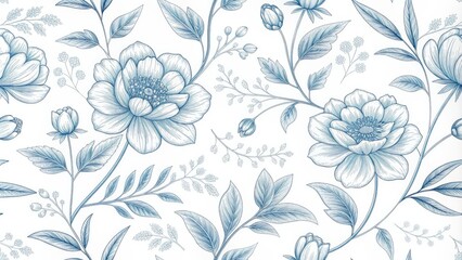 Blue Floral Seamless Pattern Hand-Drawn Botanical Illustration, White Background, Line Art Design, Floral Wallpaper Floral Pattern, Botanical Illustration