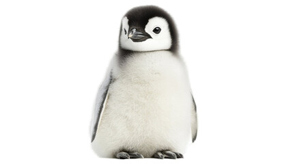 Adorable fluffy emperor penguin chick, isolated on white background. Perfect for children's books, websites, and educational materials.