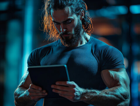 Personal trainer using tablet to track fitness progress