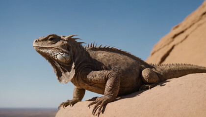 Fototapeta premium Brown Iguana Basking Happily on a Sandy Rock against a Clear Blue Sky