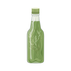 Green sauce in bottle in flat design. Flavouring condiment with herbs. Vector illustration isolated.