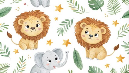 Cute Watercolor Lion and Elephant Jungle Seamless Pattern, Watercolor Illustration, Safari Animals, Kids Print Safari animals, kids pattern