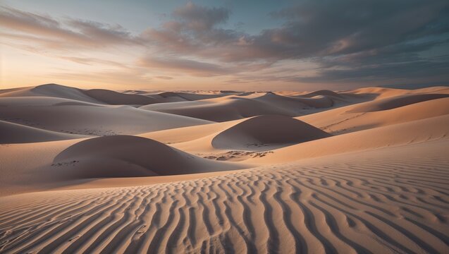 Desert landscape with rolling sand dunes under a dramatic cloudy sunset sky