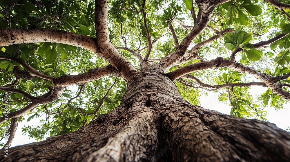 Poster low angle view of a sturdy tree with expansive branches and leaves