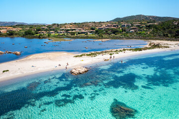Salina Bamba beach with turquoise water drone aerial view in Sardinia, Italy
