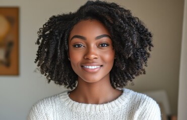 Portrait of a smiling woman with curly hair in a cozy setting