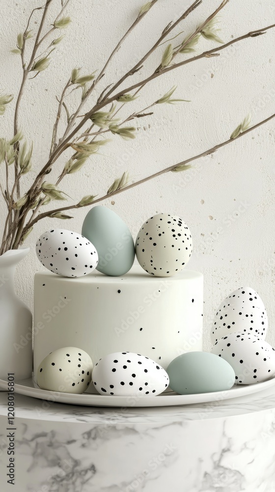Poster decorative easter eggs arranged on a cake stand with a neutral background in a serene spring setting
