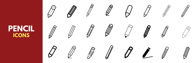 Vector illustrations of pencils in different shapes and sizes. Set of pencil icons in various styles.