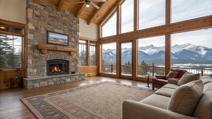 Fototapeta premium Mountain View Living Room with Stone Fireplace, Large Windows, Cozy Interior Design,Rustic Decor, Cozy Living Room, Mountain Scenery Rustic,Mountain Home