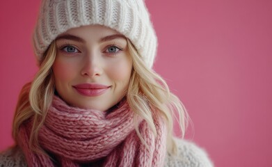 Portrait of a blonde woman in winter attire against a vibrant pink background