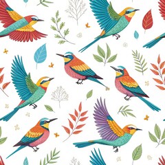 Obraz premium Rainbow Bee-eater Seamless Pattern Colorful Bird Illustration, Floral Design, White Background, Vector Art, Nature bird illustration, pattern design