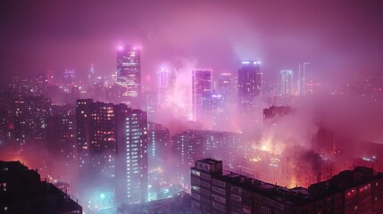 Obraz premium Neon Cityscape Enveloped in Misty Night