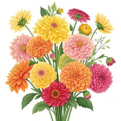 Vibrant Dahlia Bouquet Watercolor Illustration, Detailed Composition, Floral Concept Dahlia, Watercolor painting