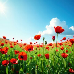 Naklejka premium Red poppy flowers in a lush meadow against a blue sky, botany,