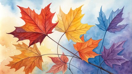 Obraz premium Watercolor Autumn Leaves Five Maple Leaves in Vibrant Hues, Abstract Composition, Fall Foliage Painting, Nature Art Autumn leaves, watercolor painting
