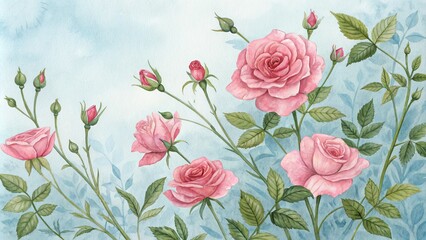 Watercolor Pink Roses Floral Botanical Composition, Pastel Blue Background, Romantic Garden Concept, Rose Painting, Watercolor Flowers Rose art, Botanical illustration