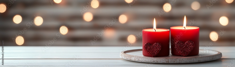 Poster two elegant red candles glowing on a wooden table with a bokeh backdrop.