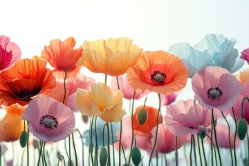 Obraz premium Vibrant pastel poppies in full bloom against a bright sky, a delightful floral scene.