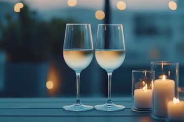 Obraz premium Two elegant wine glasses beside candles, creating a warm and romantic atmosphere.