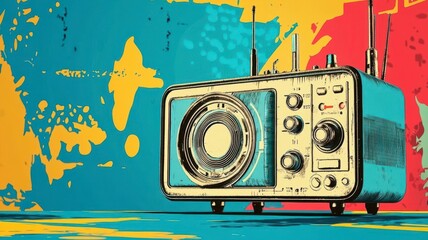 Fototapeta premium World radio day radio international concept. A retro radio sits against a vibrant, colorful background, combining nostalgic design with modern artistic flair.