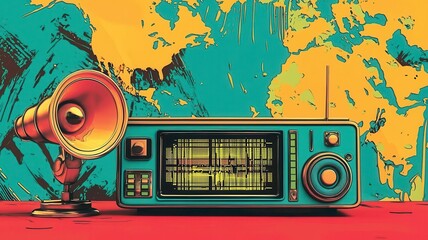 World radio day radio international concept. A vibrant, retro-styled illustration of a vintage radio with a horn speaker, set against a colorful abstract background.