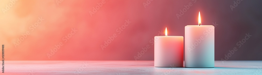 Poster two lit candles on a table, creating a warm and cozy atmosphere with soft lighting.