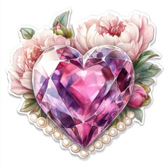 Fototapeta premium Beautiful heart-shaped flowers and gemstones. Elegant heart-shaped gemstone surrounded by blooming purple and pink roses, peonies and green leaves on a white background