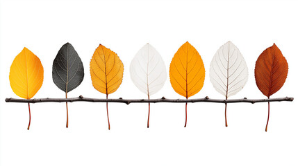 Fototapeta premium Autumn Tree Branch with Six Vibrant Orange Leaves on White Background – Minimalist Nature Photography Showcasing Fall Serenity