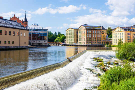 Norrk&ouml;ping, Sweden - July 30, 2024: The former industrial district on the Motala river is home to the Campus Norrk&ouml;ping, part of Link&ouml;ping University, and the Nordic International School Norrk&ouml;ping.