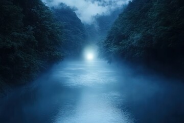 Fototapeta premium Serene Moonlight River Flowing Through Misty Forest